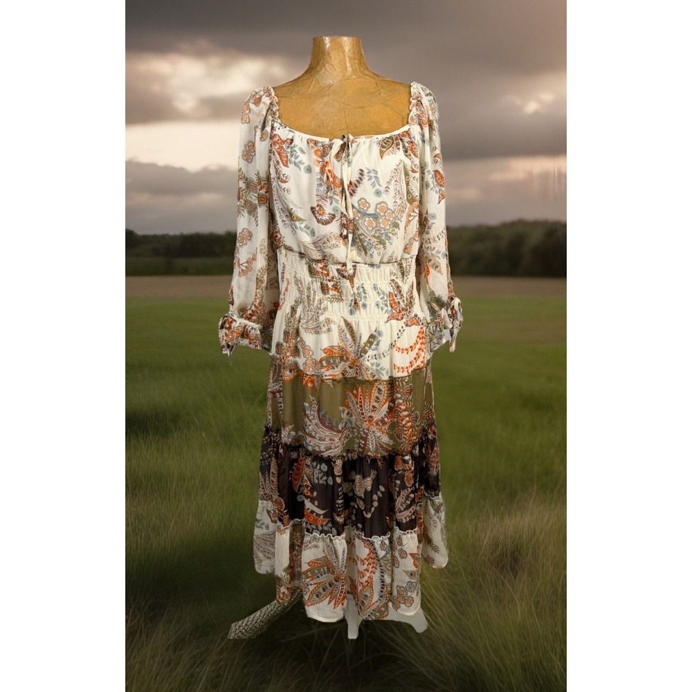 Fig&Flower Floral Print Sheer Tiered Maxi Dress Smocked Waist 3/4 Sleeve Women L